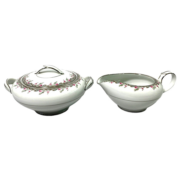 Vintage Noritake Petite 5507 Porcelain China Sugar Bowl & Creamer Gray Pink - Picture 1 of 12